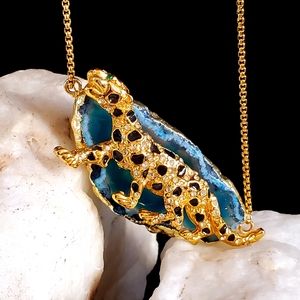 14k Gold Plated Necklace Natural Chunky Agate Pendant Unique Tiger Chitah Design